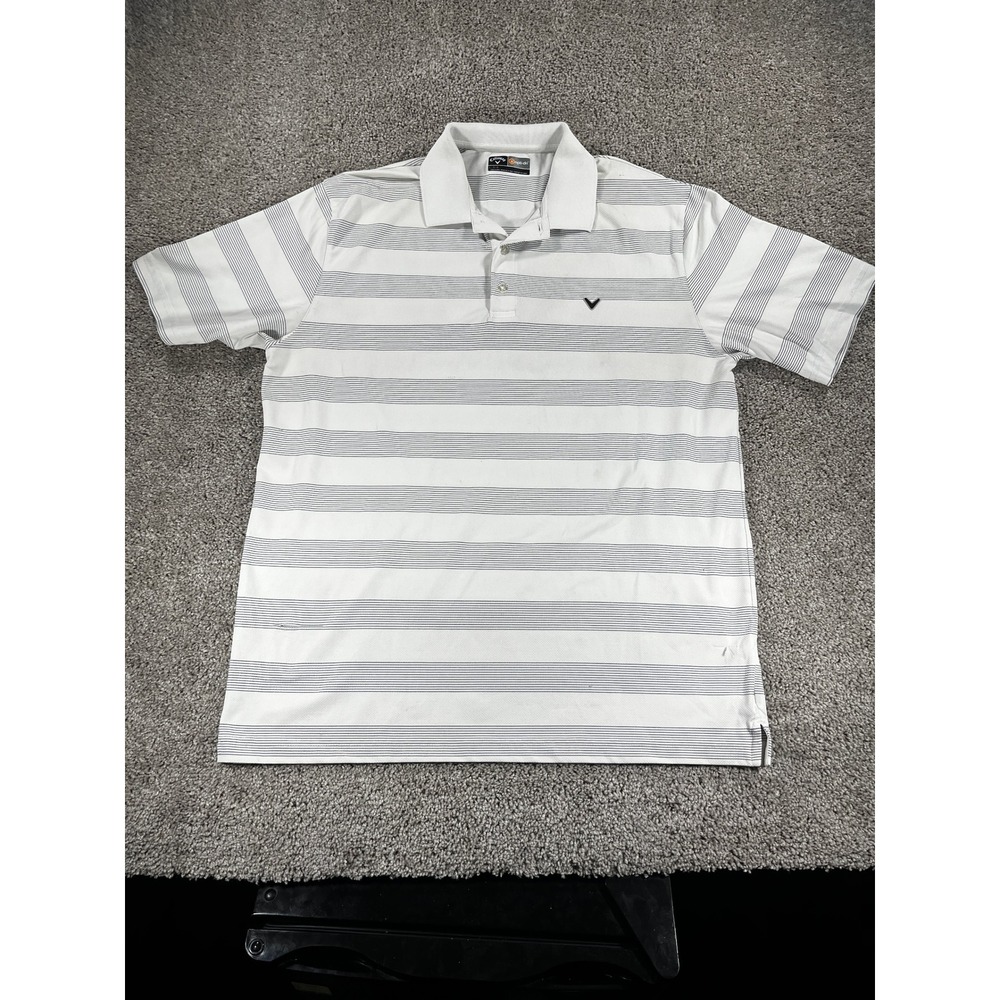 Callaway Opti-Dri Mens Golf‎ Polo Shirt Large White Grey Striped Short Sleeve L